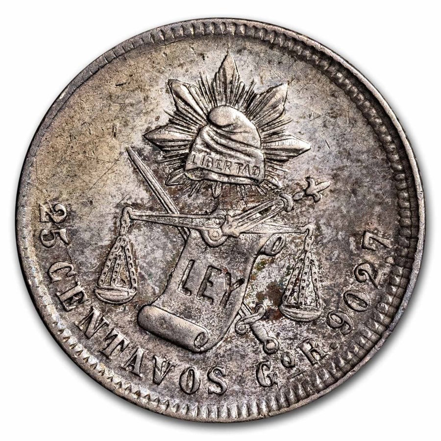 1889-Go Mexico Silver 25 Centavos AU: 1889-Go Mexico Silver 25 Centavos AU Product ID: 289037 Year: 1889 Grade: Almost Unc Grade Service: None Denomination: 25 Centavos Mint Mark: Go - Guanajuato Metal Content: 0.1965 troy oz