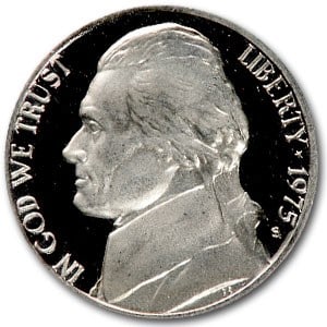 1975-S Jefferson Nickel Gem Proof: 1975-S Jefferson Nickel Gem Proof Product ID: 6453 Year: 1975 Grade: Gem Proof Grade Service: None Denomination: 5 Cents Mint Mark: S - San Francisco Metal Content: 0 troy oz Pur