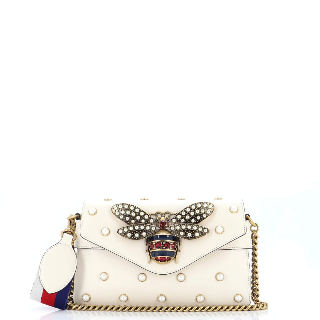 Gucci Broadway Pearly Bee Shoulder Bag Embellished Leather Mini: Gucci Broadway Pearly Bee Shoulder Bag Embellished Leather Mini Exterior Color: White Interior Color: Neutral Exterior Material: Leather Interior Material: Leather Hardware Color: Aged Gold Access