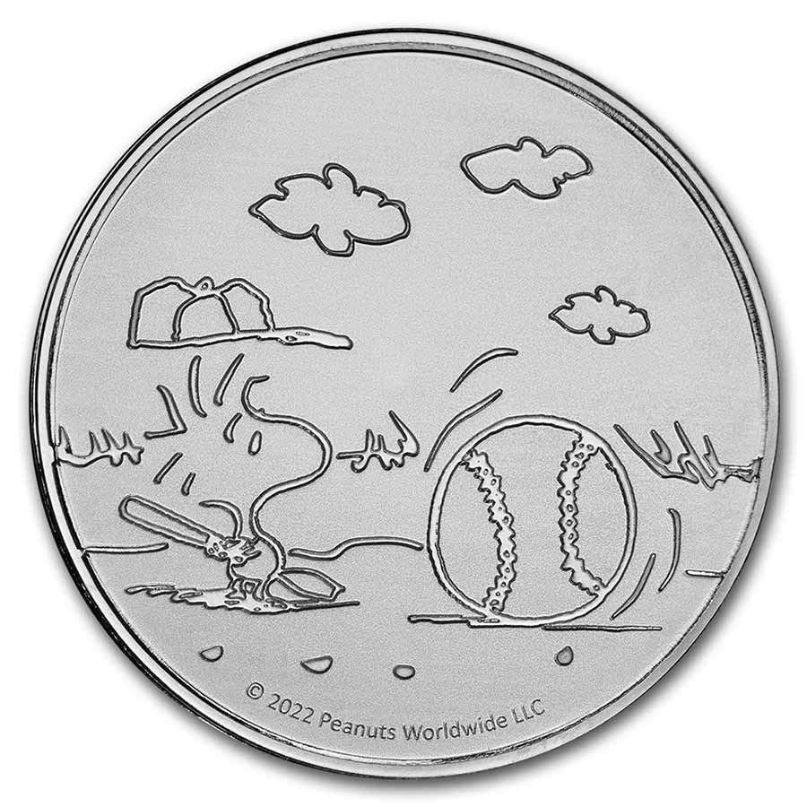 Peanuts Baseball - Woodstock at Bat 1 oz Silver Round: Peanuts Baseball - Woodstock at Bat 1 oz Silver Round Product ID: 246702 Year: N/A Grade: None Grade Service: None Mint Mark: N/A - Not Available Metal Content: 1 troy oz Purity: .999
