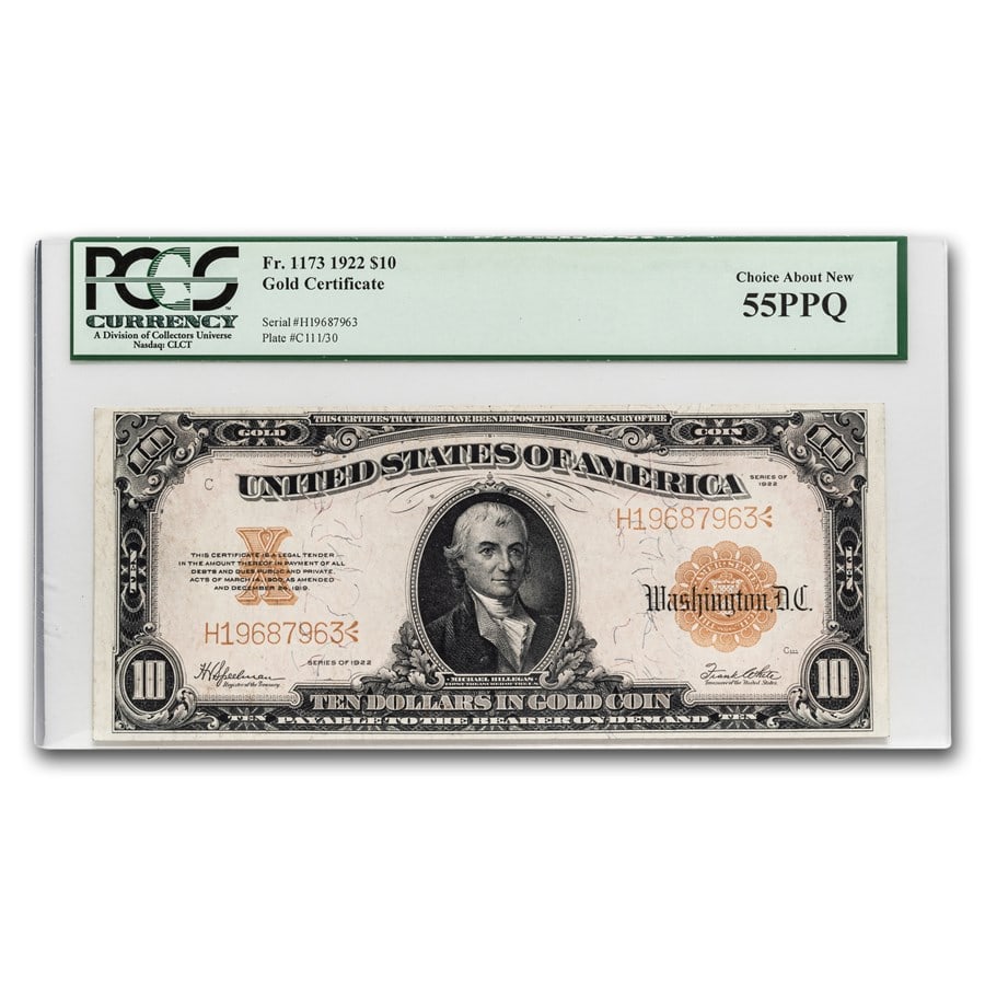1922 $10 Gold Certificate Hillegas AU-55 PPQ PCGS (Fr#1173) (1 of 2)