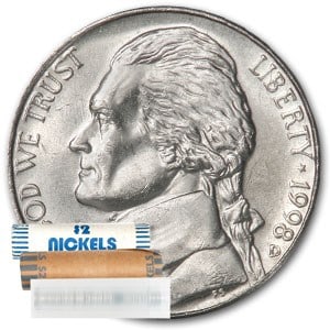1998-D Jefferson Nickel 40-Coin Roll BU: 1998-D Jefferson Nickel 40-Coin Roll BU Product ID: 38463 Year: 1998 Grade: Brilliant Unc Grade Service: None Denomination: 5 Cents Mint Mark: D - Denver Metal Content: 0 troy oz