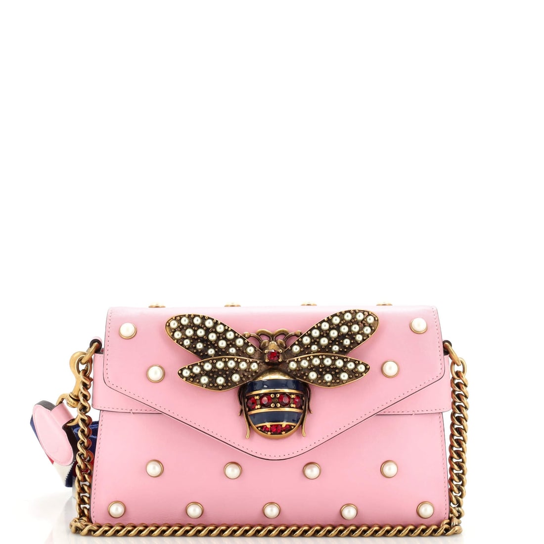 Gucci Broadway Pearly Bee Shoulder Bag Embellished Leather Mini: Gucci Broadway Pearly Bee Shoulder Bag Embellished Leather Mini Exterior Color: Pink Interior Color: Neutral Exterior Material: Leather Interior Material: Leather Hardware Color: Aged Gold Accesso