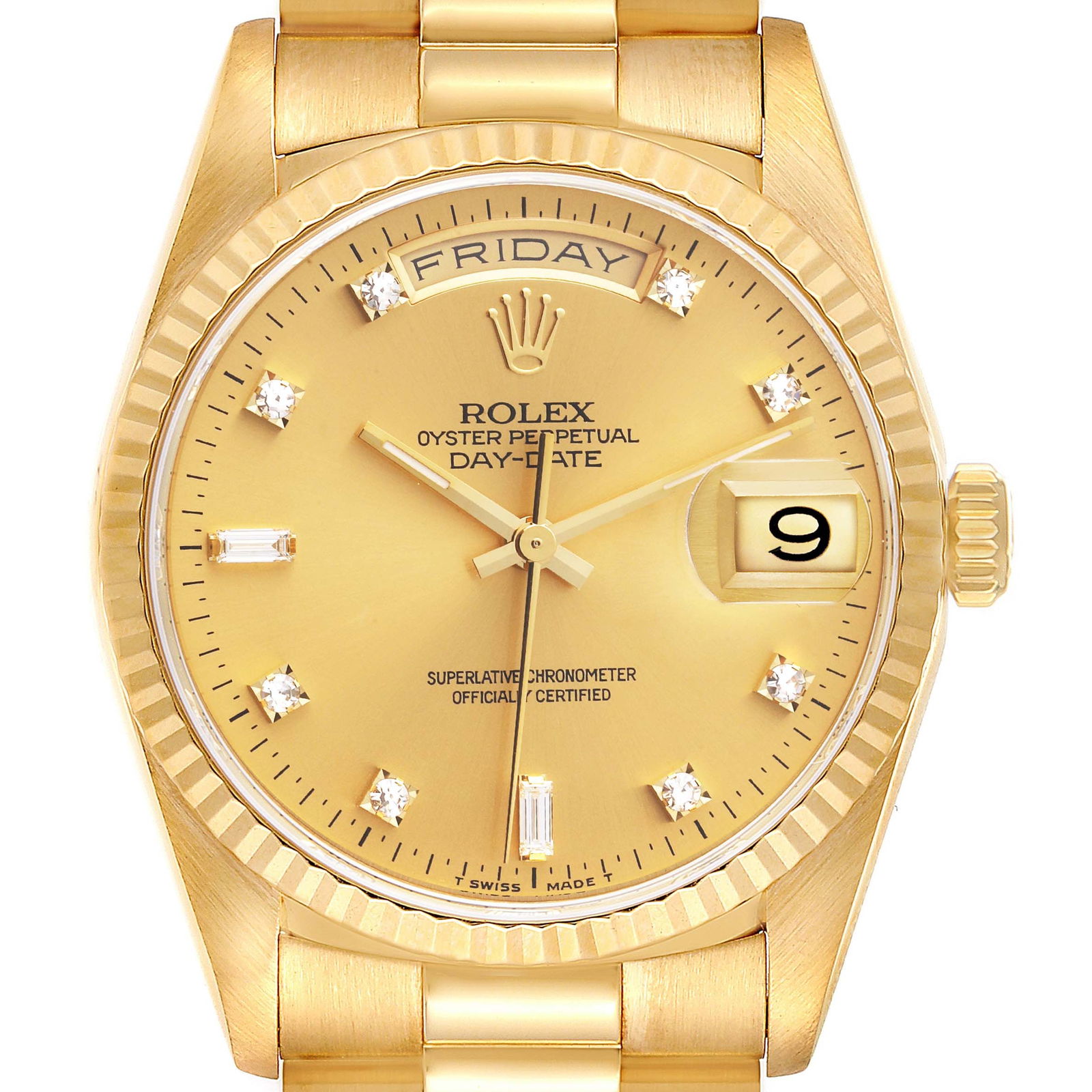 Rolex President Day-Date 36mm Yellow Gold Diamond Mens Watch 18238: Rolex President Day-Date 36mm Yellow Gold Diamond Mens Watch 18238 RBJ no: 46121A Brand: Rolex Model Name: Rolex President Day-Date 36mm Yellow Gold Diamond Mens Watch 18238 Model Number: 18238 Year: