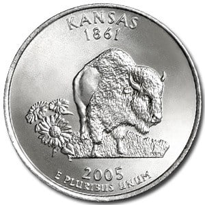 2005-D Kansas State Quarter BU: 2005-D Kansas State Quarter BU Product ID: 9089 Year: 2005 Grade: Brilliant Unc Grade Service: None Denomination: 25 Cents Mint Mark: D - Denver Metal Content: 0 troy oz Purity: