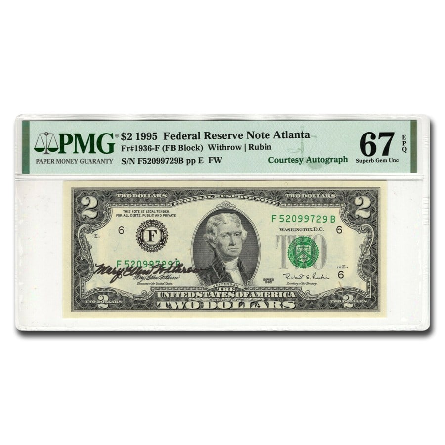 1995 (F-Atlanta) $2 FRN Gem CU-67 EPQ PMG (Fr#1936-F) Autograph (1 of 3)