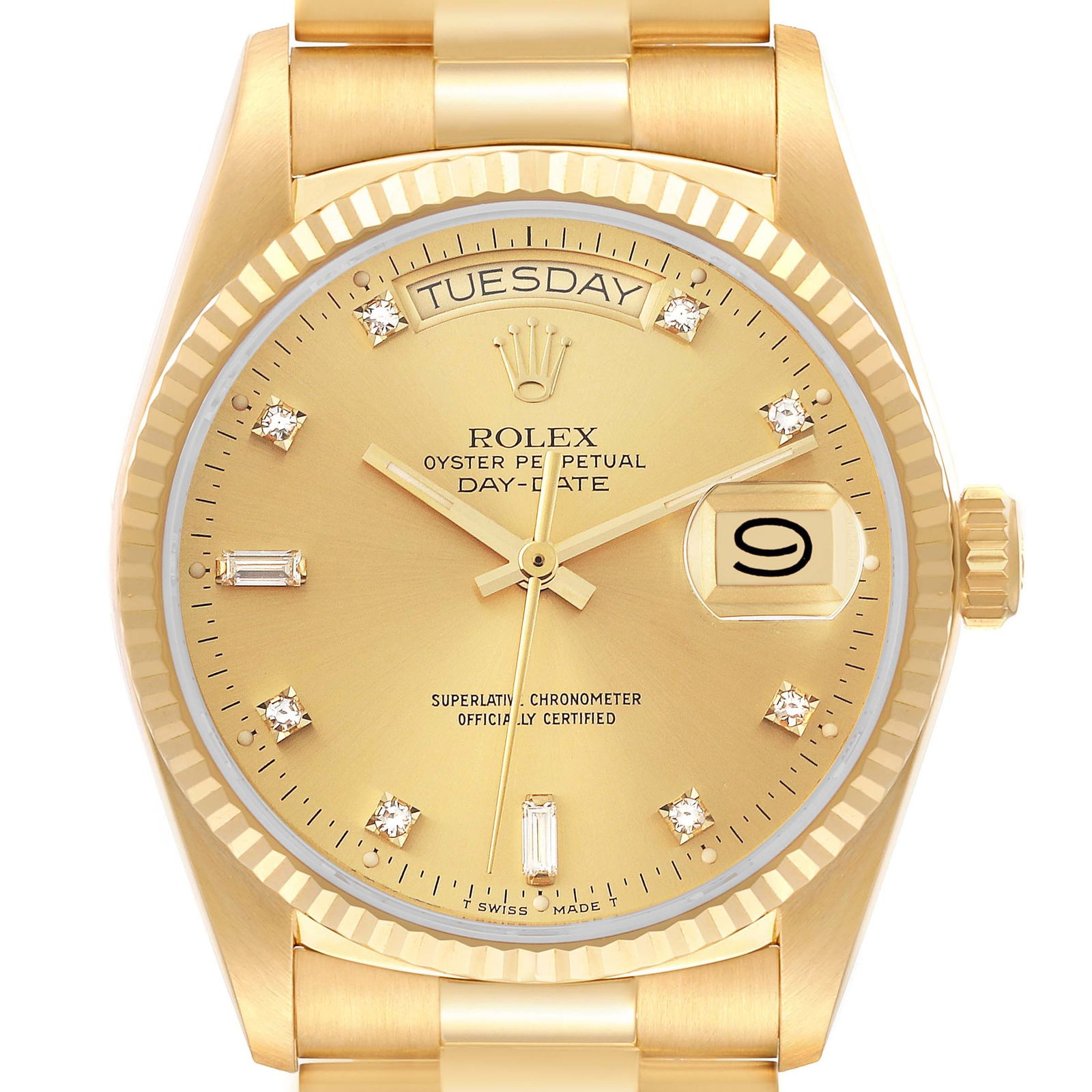 Rolex President Day-Date Yellow Gold Diamond Dial Mens Watch 18038: Rolex President Day-Date Yellow Gold Diamond Dial Mens Watch 18038 RBJ no: 58535 Brand: Rolex Model Name: Rolex President Day-Date Yellow Gold Diamond Dial Mens Watch 18038 Model Number: 18038A Year: