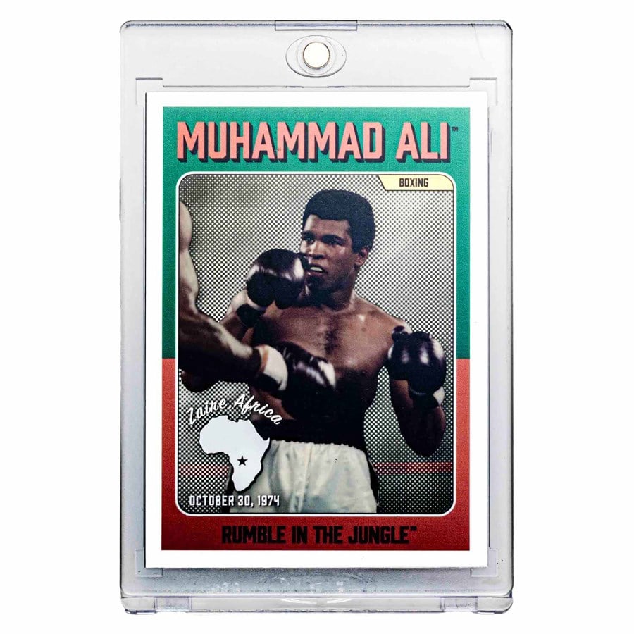 Muhammad Ali "Rumble In The Jungle" Silver Trading Card: Muhammad Ali "Rumble In The Jungle" Silver Trading Card Product ID: 263574 Grade: None Grade Service: None Mint Mark: N/A - Not Available Metal Content: 0.001 troy oz Purity: .999