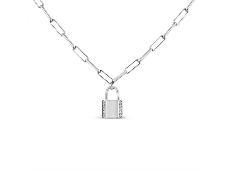 .925 Sterling Silver 1/10 Cttw Round Diamond Lock Pendant 20" Paperclip Chin Necklace (H-I Color, (1 of 7)