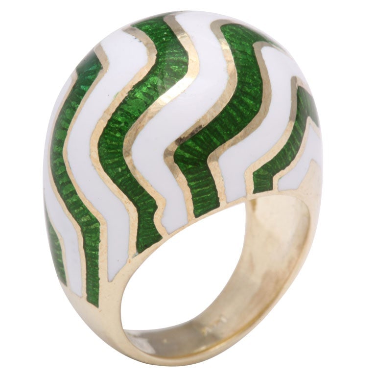 Martine Green and White Striped Enamel Gold Ring: Martine Green and White Striped Enamel Gold Ring Metal: 14k Gold Period: 1970-1979 Date of Manufacture: 70s Condition: Good Wear consistent with age and use. Great, one tiny ding on side.