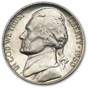 1960-D Jefferson Nickel BU: Details: 1960-D Jefferson Nickel BU SKU no: RBJ6590 Year: 1960 Grade: Brilliant Unc Grade Service: None Denomination: 5 Cents Mint Mark: D - Denver Metal Content: 0 troy oz Purit