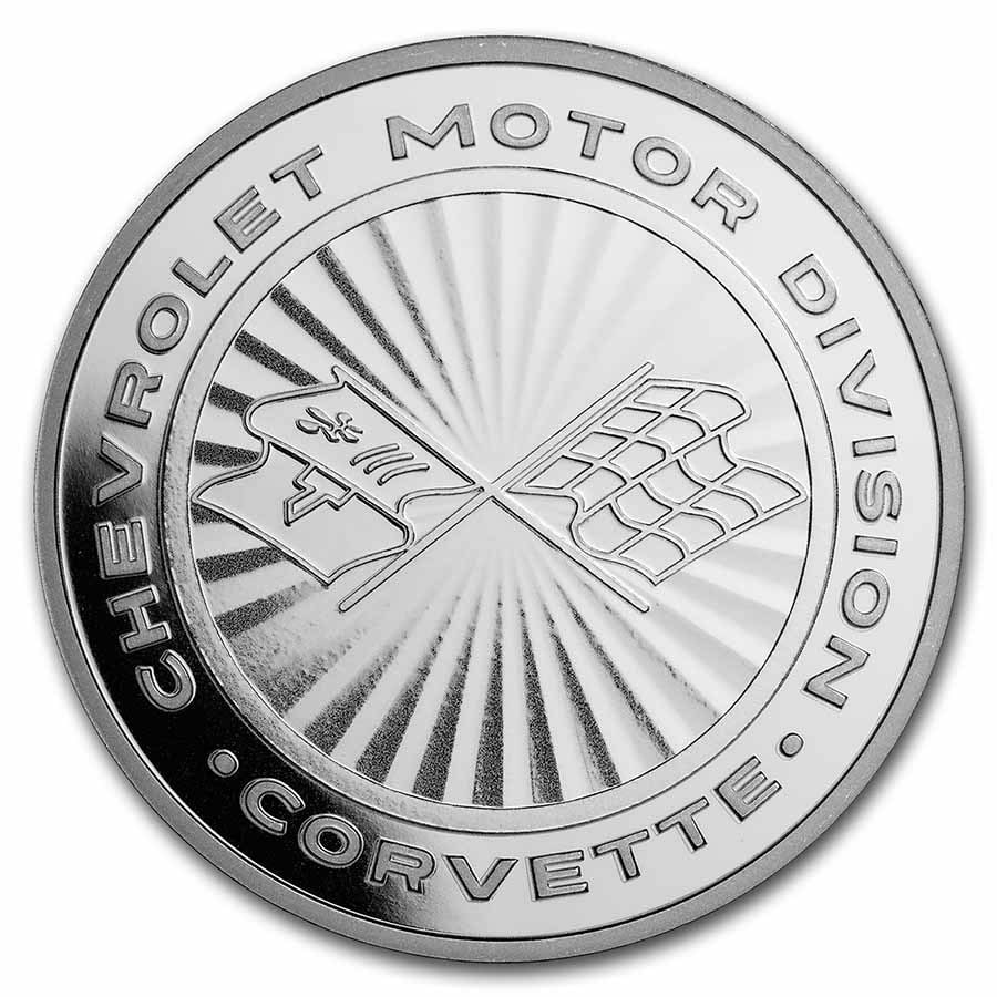 Corvette 1 oz Silver Radial Emblem: Details: Corvette 1 oz Silver Radial Emblem Flags SKU no: RBJ257929 Grade: None Grade Service: Other Mint Mark: N/A - Not Available Metal Content: 1 troy oz Purity: .999 Diameter: 39 mm