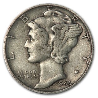 1945 Mercury Dime XF: Details: 1945 Mercury Dime XF SKU no: RBJ12348 Year: 1945 Grade: Extra Fine Grade Service: None Denomination: $0.10 Mint Mark: P - Philadelphia (Not Shown) Metal Content: 0.0715 troy oz <