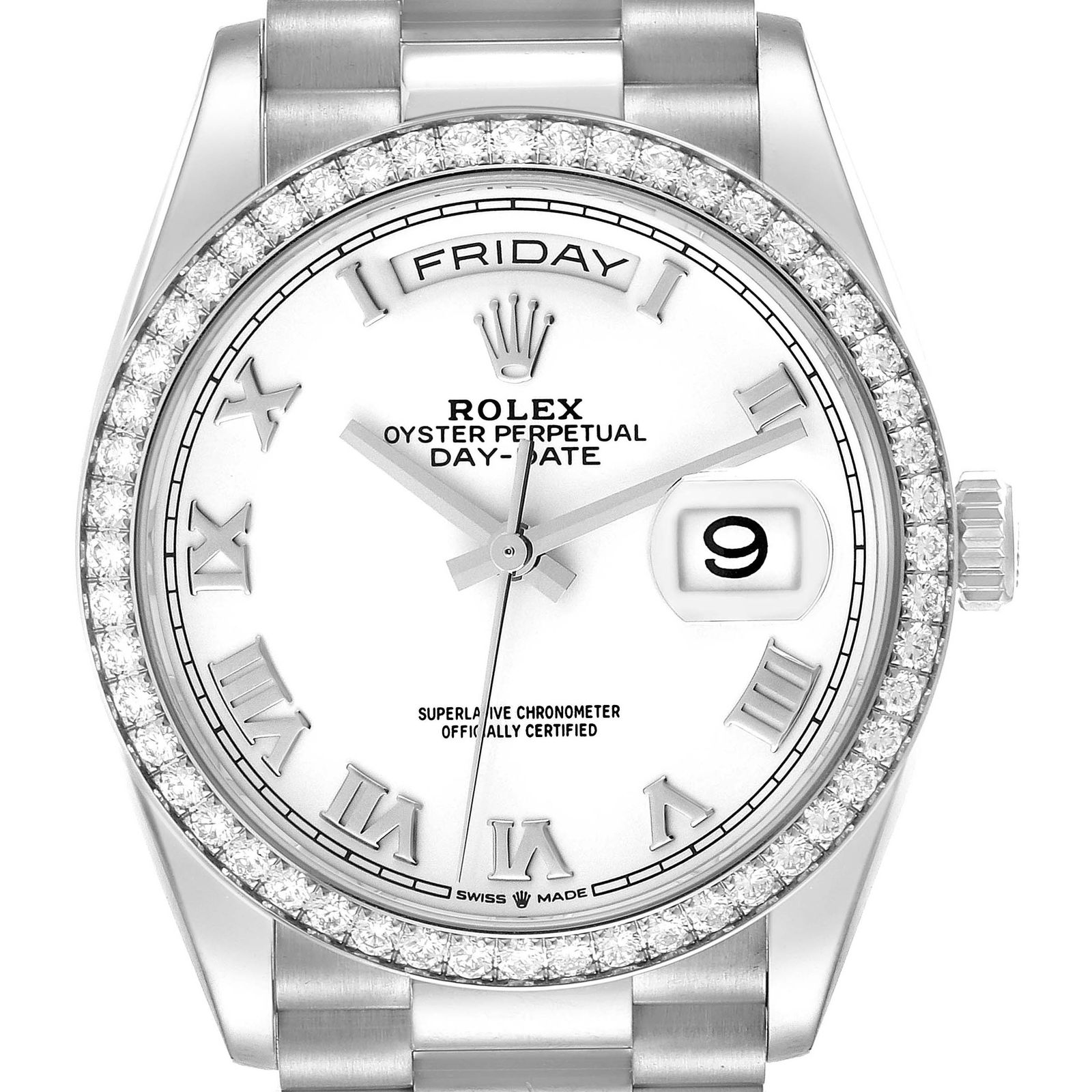 Rolex President Day Date 36: Rolex President Day Date 36 SKU no: RBJ53839 Brand: Rolex Model Name: Rolex President Day Date 36 White Gold Diamond Watch 128349 Box Card Model Number: 128349 Year: 2021 Serial Number: 2N59xxxx