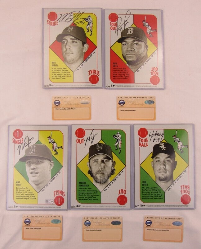 2015 topps 1951 red back style 5x7 complete set w/ signed mike trout david ortiz +3 cards #86/99: 2015 topps 1951 red back style 5x7 complete set w/ signed mike trout david ortiz +3 cards #86/99 2015 Topps 1951 Red Back Style 5x7 Set w/ 5 Signed Cards #86/99 - Signatures Include: Matt Harvey (Stei