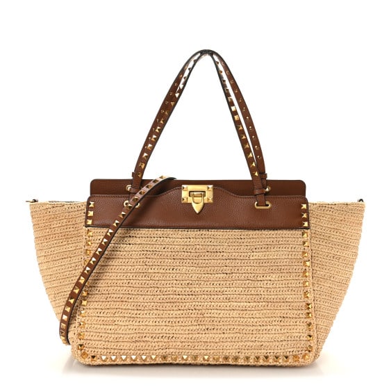 Valentino Garavani Raffia Calfskin Rockstud Tote Naturale Saddle Brown (1 of 8)