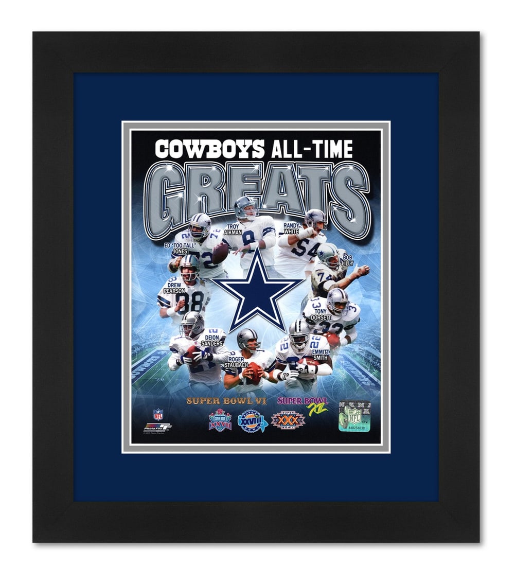 dallas cowboys "all-time greats" team collage: dallas cowboys "all-time greats" team collage professionally framed 13 x16 high quality black frame with team colors matting Now you can now proudly hang and display your favorite teams? ?All-Time Gre