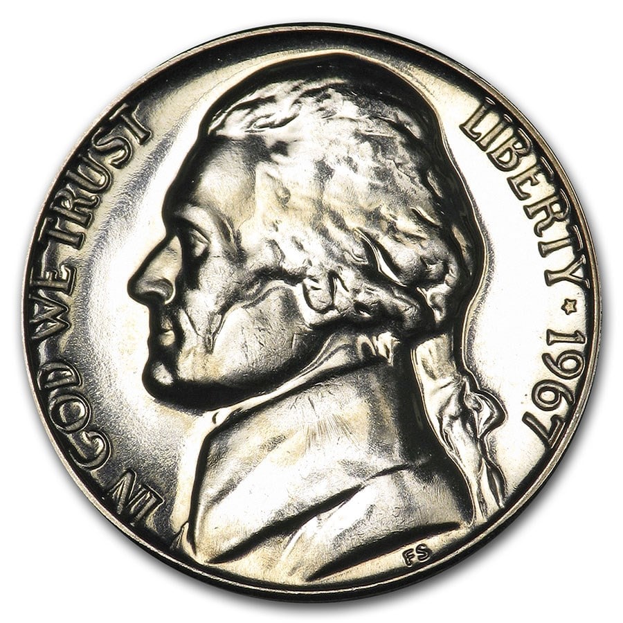 1967 Jefferson Nickel SMS: 1967 Jefferson Nickel SMS SKU no: RBJ6687 Year: 1967 Grade: Brilliant Unc Grade Service: None Denomination: 5 Cents Mint Mark: P - Philadelphia (Not Shown) Metal Content: 0 troy oz