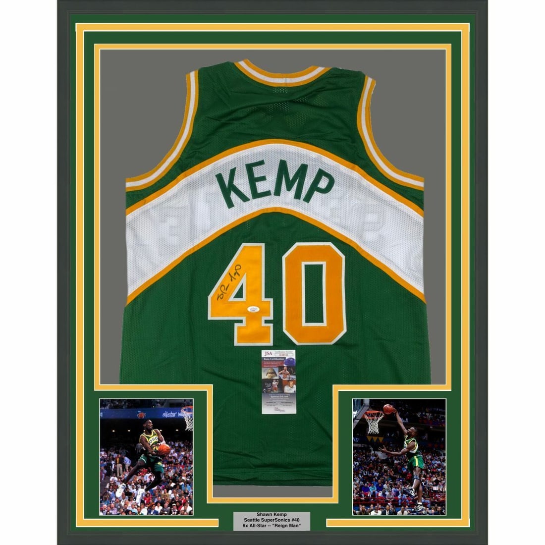 FRAMED Autographed/Signed SHAWN KEMP 33x42 Seattle Green Jersey JSA COA Auto (1 of 2)