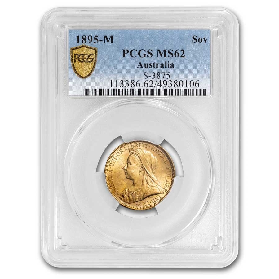 1895-M Australia Gold Sovereign Veil: 1895-M Australia Gold Sovereign Veil Head Victoria MS-62 PCGS SKU no: RBJ296328 Year: 1895 Grade: MS-62 Grade Service: PCGS Denomination: 1 Sovereign Mint Mark: M - Melbourne Metal Conten
