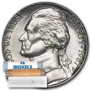 1987-P Jefferson Nickel 40-Coin Roll: 1987-P Jefferson Nickel 40-Coin Roll BU SKU no: RBJ38456 Year: 1987 Grade: Brilliant Unc Grade Service: None Denomination: 5 Cents Mint Mark: P - Philadelphia Metal Content: 0 troy oz