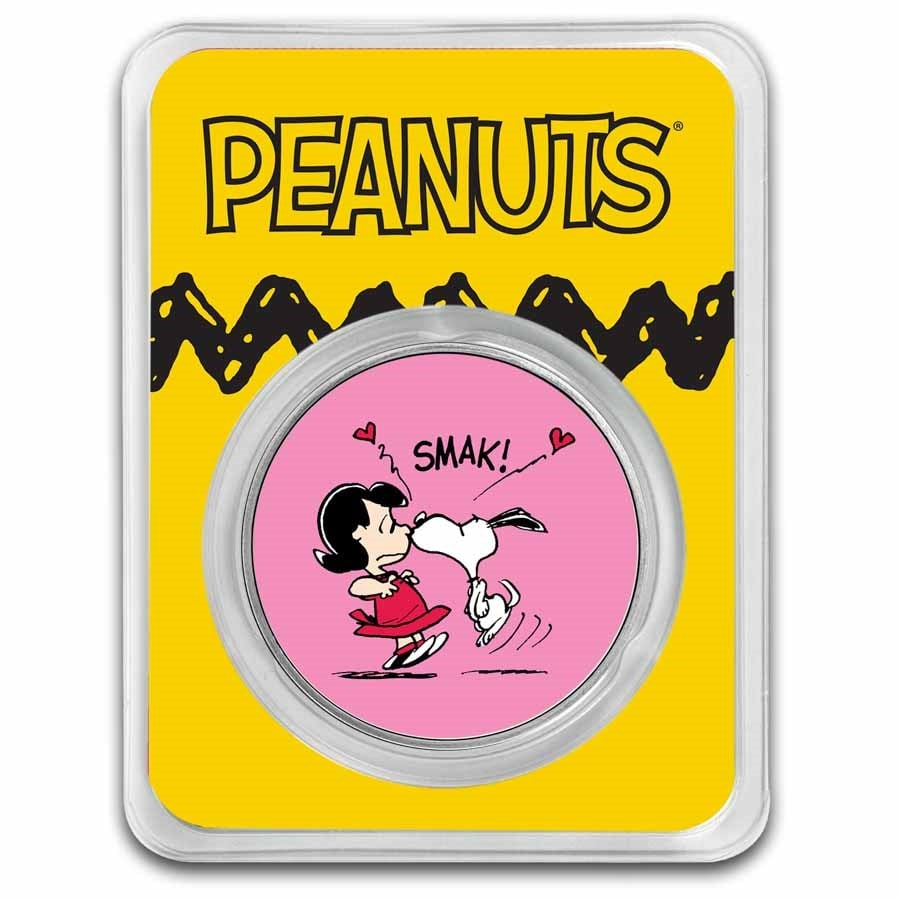 Peanuts "SMAK!" Snoopy Kisses Lucy 1: Peanuts "SMAK!" Snoopy Kisses Lucy 1 oz Colorized Silver SKU no: RBJ289203 Grade: None Grade Service: Other Mint Mark: N/A - Not Available Metal Content: 1 troy oz Purity: .999 Thickness: