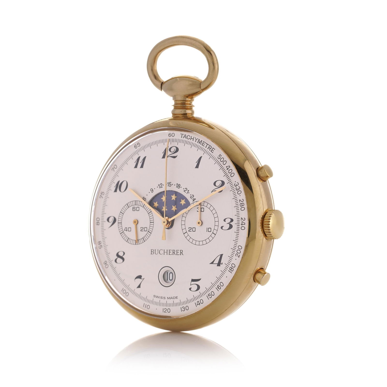 Bucherer gold-plated moon phase chronograph: Bucherer gold-plated moon phase chronograph pocket watch Brand: Bucherer Case Material: Gold Plate Weight: 74 g Case Shape: Round Movement: Manual Wind Chronograph: Yes Place of Origin: E