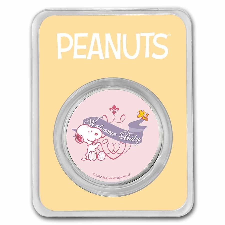 Peanuts Welcome Baby Girl 1: Peanuts Welcome Baby Girl 1 oz Colorized Silver SKU no: RBJ248718 Year: N/A Grade: None Grade Service: None Mint Mark: N/A - Not Available Metal Content: 1 troy oz Purity: .999 T