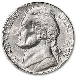 1997-P Jefferson Nickel BU: 1997-P Jefferson Nickel BU SKU no: RBJ6660 Year: 1997 Grade: Brilliant Unc Grade Service: None Denomination: 5 Cents Mint Mark: P - Philadelphia Metal Content: 0 troy oz Purity: