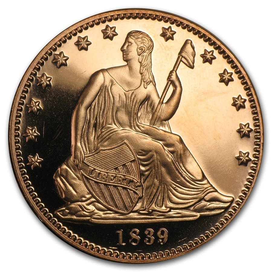 1 oz Copper Round -: 1 oz Copper Round - Seated Liberty SKU no: RBJ89967 Year: N/A Grade: None Grade Service: None Mint Mark: None Metal Content: 1 AVDP oz Purity: .999 Thickness: 3.3 mm Dia