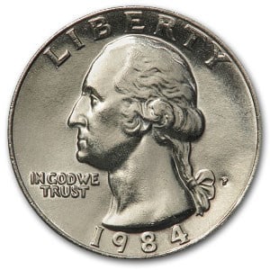 1984-P Washington Quarter BU: 1984-P Washington Quarter BU SKU no: RBJ6501 Year: 1984 Grade: Brilliant Unc Grade Service: None Denomination: 25 Cents Mint Mark: P - Philadelphia Metal Content: 0 troy oz Purit