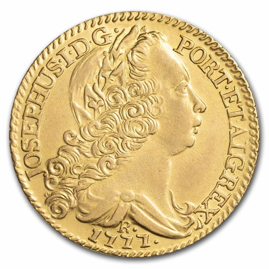 1777-R Brazil Gold 6400 Reis: 1777-R Brazil Gold 6400 Reis Jose I AU SKU n: RBJ282185 Year: 1777 Grade: Almost Unc Grade Service: None Denomination: 6,400 Reis Mint Mark: R - Rio de Janeiro Metal Content: 0.4229 troy