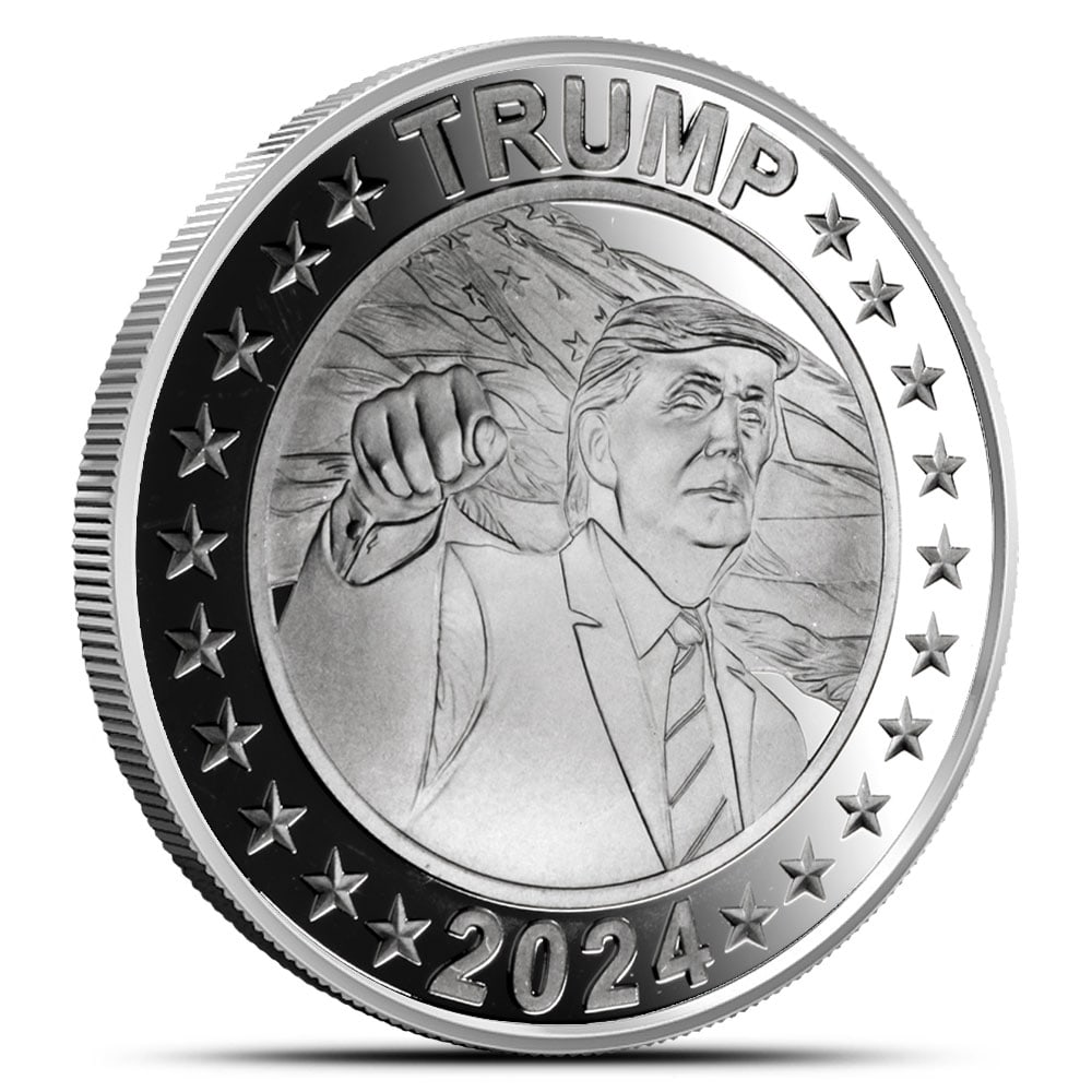 1 oz Donald Trump 2024: 1 oz Donald Trump 2024 Silver Round (New) SKU no: 6027166 Mint Mark: Not Shown Purity: .999 Diameter: 39 mm Condition: New Edge Design: Reeded Series: Trump 2024 CoA: No