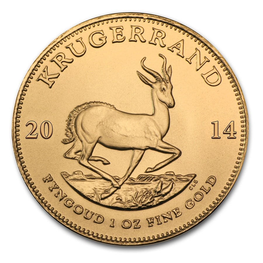 2014 South Africa 1 oz: 2014 South Africa 1 oz Gold Krugerrand BU SKU n: RBJ79033 Year: 2014 Grade: Brilliant Unc Grade Service: None Mint Mark: Not Shown Metal Content: 1 troy oz Purity: .9167 Thicknes