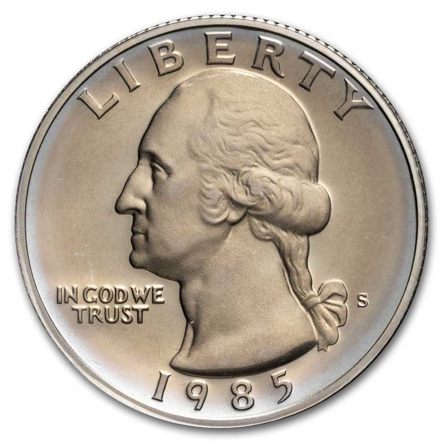 1985-S Washington Quarter 40-Coin Roll: 1985-S Washington Quarter 40-Coin Roll Proof SKU n: RBJ35003 Year: 1985 Grade: Proof Grade Service: None Denomination: 25 Cents Mint Mark: S - San Francisco Metal Content: 0 troy oz <