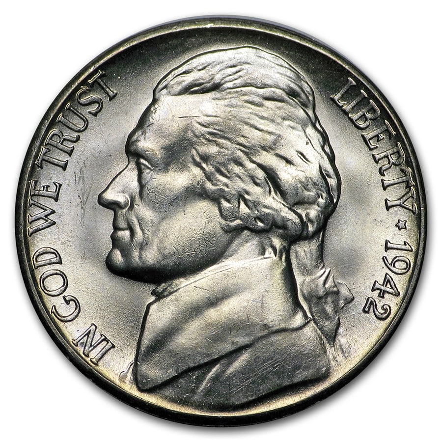 1942-S Silver Wartime Jefferson Nickel: 1942-S Silver Wartime Jefferson Nickel BU SKU n: RBJ6400 Year: 1942 Grade: Brilliant Unc Grade Service: None Denomination: 5 Cents Mint Mark: S - San Francisco Metal Content: 0.0562 troy