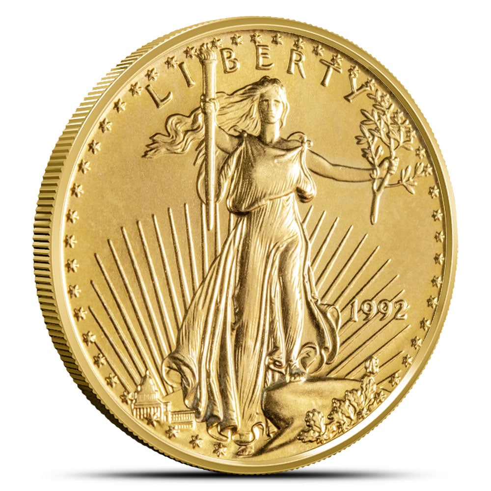 1992 1/10 oz American Gold: 1992 1/10 oz American Gold Eagle Coin SKU no: 4049876 Year: 1992 Mint Mark: Not Shown Purity: .9167 Manufacturer: US Mint Thickness: 1.19 mm Diameter: 16.5 mm Condition: Uncircul