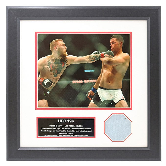 UFC 196 Fight Used Octagon: UFC 196 Fight Used Octagon Framed Collage This framed 14"x14" collage contains an authentic swatch of fight used octagon canvas from UFC 196 in Las Vegas, Nevada, on March 5, 2016. The piece of octago