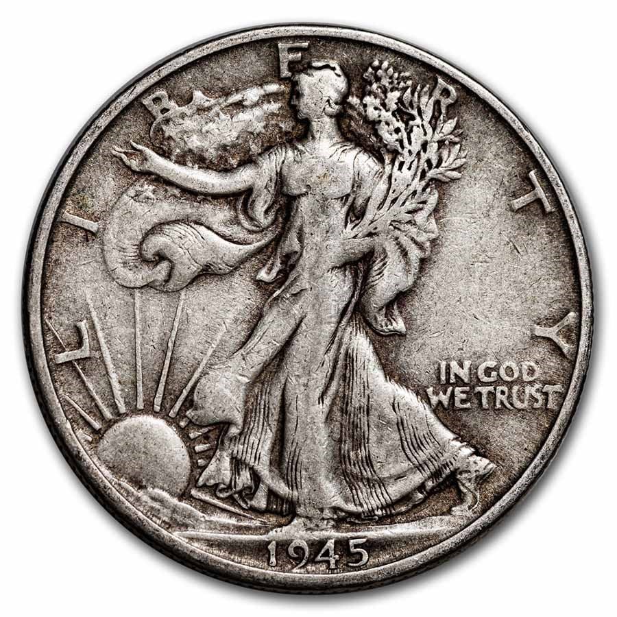 1945-S Walking Liberty Half Dollar: 1945-S Walking Liberty Half Dollar Fine/VF SKU no: RBJ10067 Year: 1945 Grade: Fine/Very Fine Grade Service: None Denomination: $0.50 Mint Mark: S - San Francisco Metal Content: 0.3575 tro