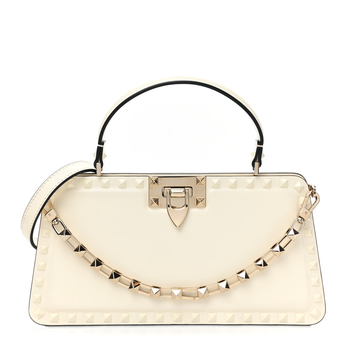 Calfskin Tonal Small Rockstud Top: Valentino Garavani Calfskin Tonal Small Rockstud Top Handle Handbag Ivory Brand: VALENTINO GARAVANI Condition: Excellent Condition Details: Exterior: Creases, imprints, Interior: Creases, Hardware: Fa