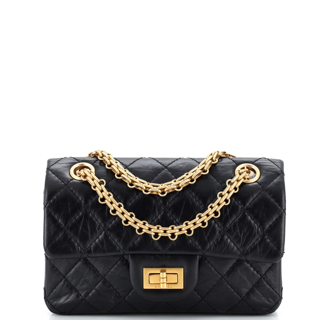 Chanel Reissue 2.55 Flap Bag: Chanel Reissue 2.55 Flap Bag Quilted Aged Calfskin Mini Exterior Color: Black Interior Color: Black Exterior Material: Leather Interior Material: Leather Hardware Color: Gold Accessories: Dust bag