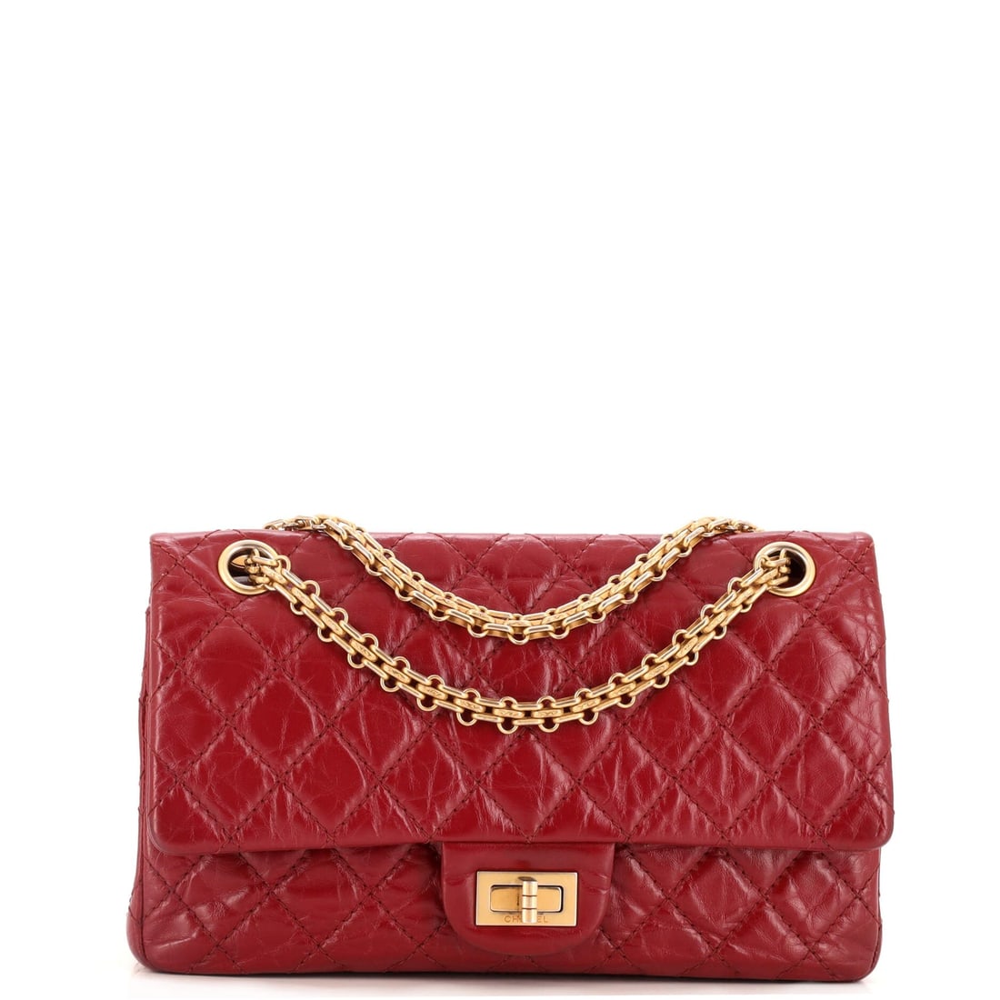 Chanel Reissue 2.55 Flap Bag: Chanel Reissue 2.55 Flap Bag Quilted Aged Calfskin 225 Exterior Color: Red Interior Color: Red Exterior Material: Leather Interior Material: Leather Hardware Color: Aged Gold Estimated Retail: $10