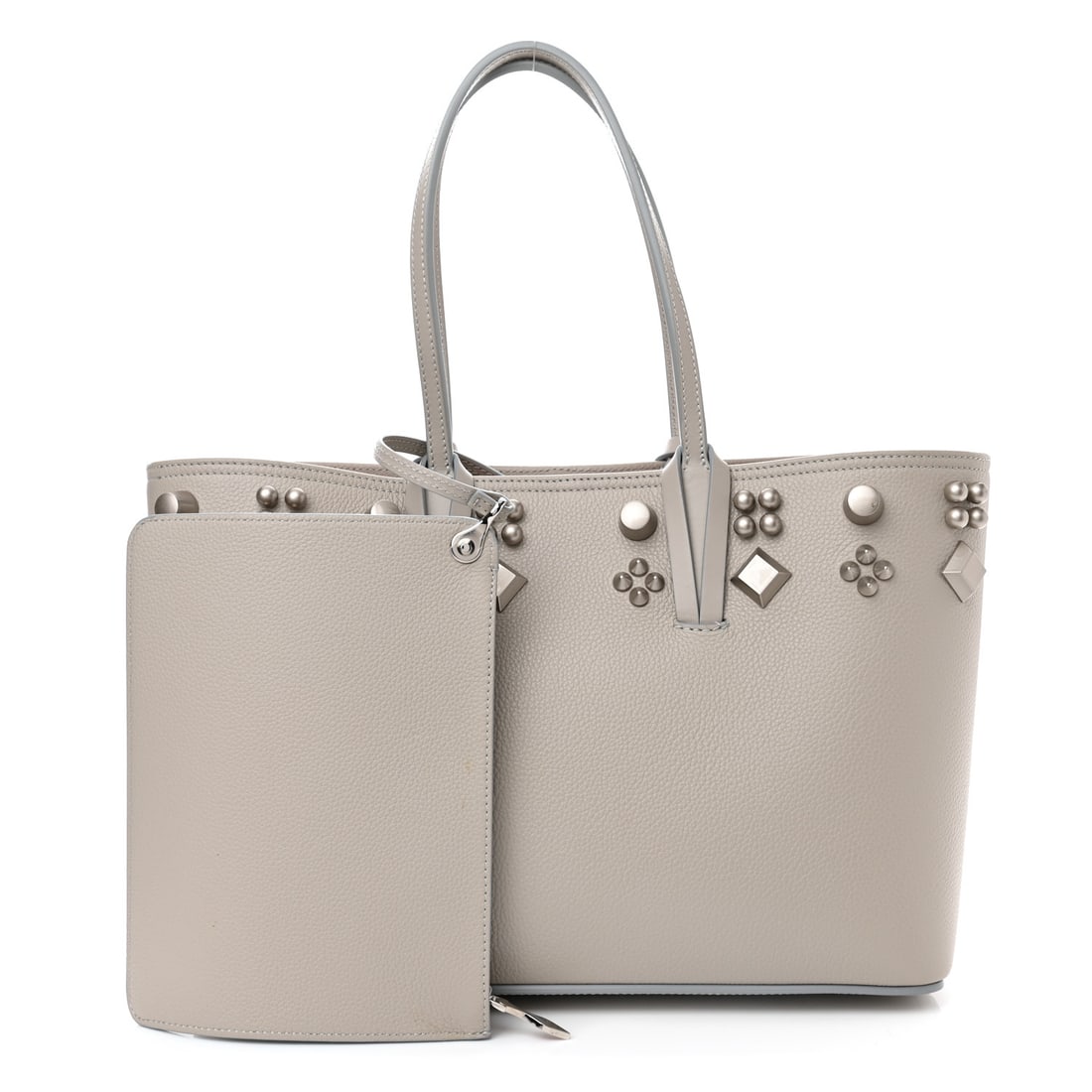 Calfskin Spikes Small East West: Christian Louboutin Calfskin Spikes Small East West Cabata Tote Light Grey Brand: CHRISTIAN LOUBOUTIN Condition: Excellent Condition Details: Exterior: Scuffs, marks, frayed stitch(es), Handle: Crease
