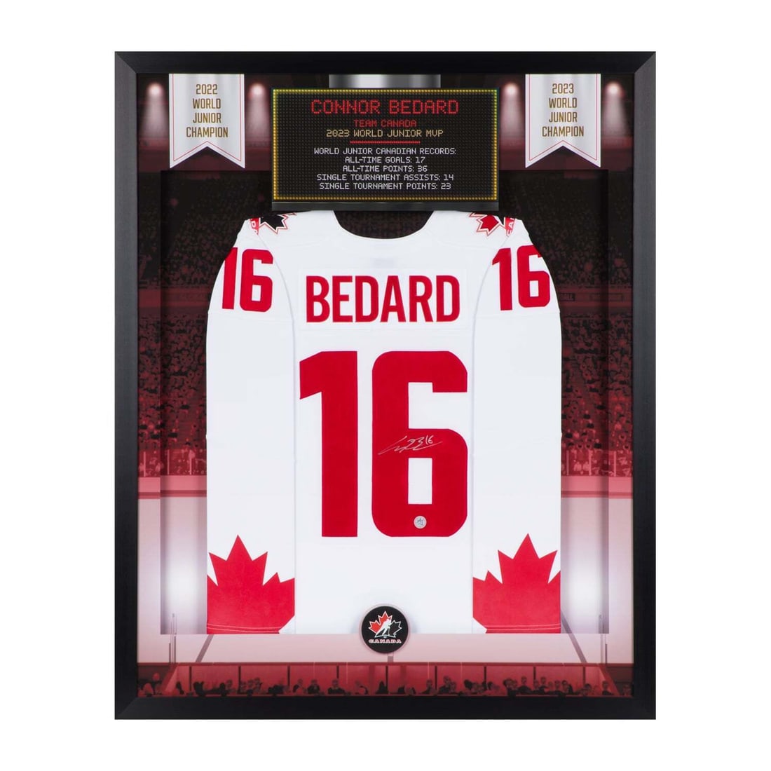 connor bedard signed team canada: connor bedard signed team canada junior champion graphic 36x44 jersey frame Connor Bedard Signed Team Canada Junior Champion Graphic 36x44 Jersey Frame SKU no: RBJ7768792629336