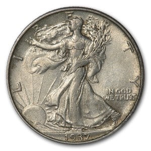 1937 Walking Liberty Half Dollar: 1937 Walking Liberty Half Dollar AU SKU no: RBJ38218 Year: 1937 Grade: Almost Unc Grade Service: None Denomination: 50 Cents Mint Mark: P - Philadelphia (Not Shown) Metal Content: 0.3575