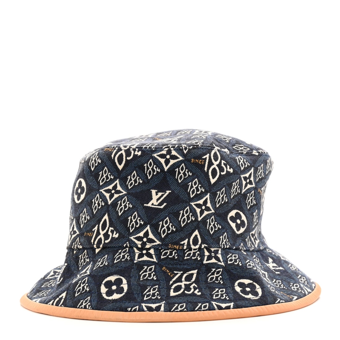 Louis Vuitton Jacquard Since 1854: Louis Vuitton Jacquard Since 1854 Bucket Hat M Blue Brand: LOUIS VUITTON Condition: Excellent Condition Details: Exterior: Edge wear, marks, Hardware: Faint scratch(es) Circumference: 22.75 in , Dust