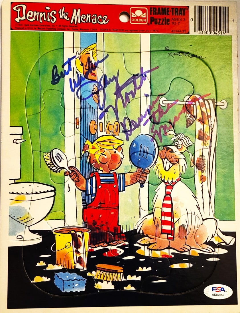 jay north rare signed dennis the menace 8.25x11 frame-tray puzzle inscribed best wishes & dennis the: jay north rare signed dennis