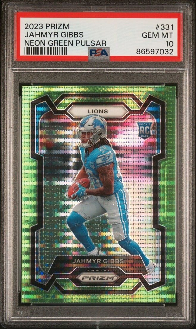 graded 2023 donruss jahmyr gibbs #331 neon green pulsar RC football card PSA 10: graded 2023 donruss jahmyr gibbs