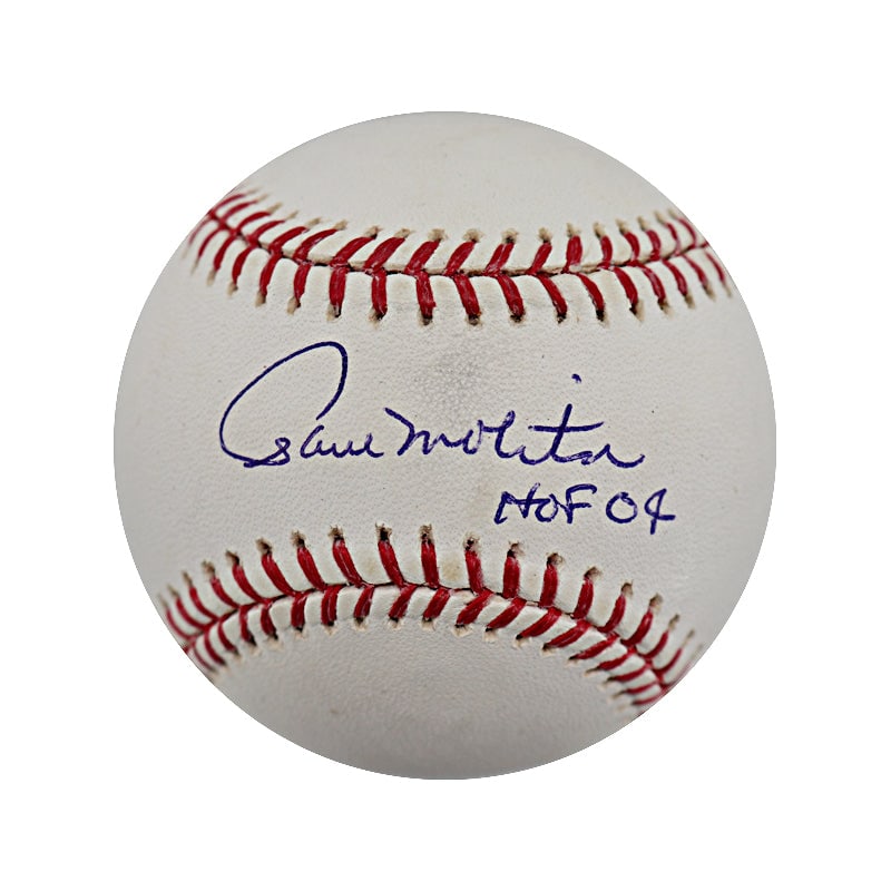 paul molitor autographed & inscribed: paul molitor autographed & inscribed "hof 04" bud selig OML baseball (JSA) Paul Molitor Autographed & Inscribed "HOF 04" OML Baseball (JSA) - Ball has black mark on sweetspot