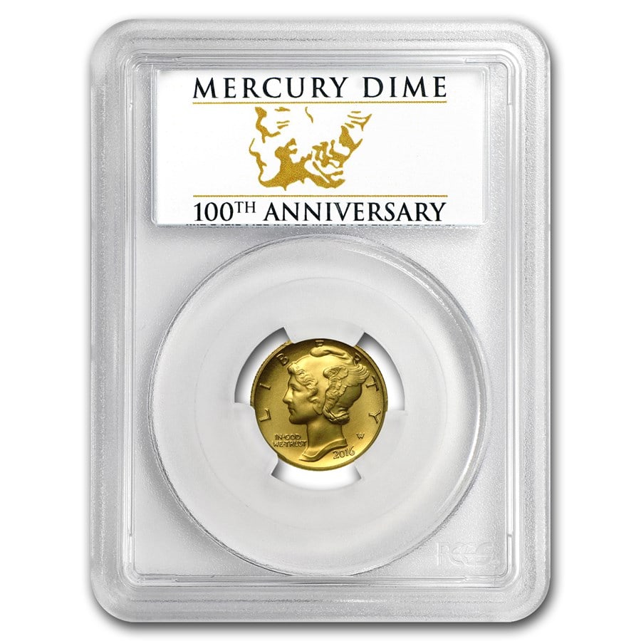 2016-W 1/10 oz Gold Mercury Dime: 2016-W 1/10 oz Gold Mercury Dime SP-70 PCGS (FS, Centl Label) SKU no: RBJ95510 Year: 2016 Grade Service: PCGS Denomination: $0.10 Metal Content: 0.1 troy oz Purity: .9999 Thickness: 1.19
